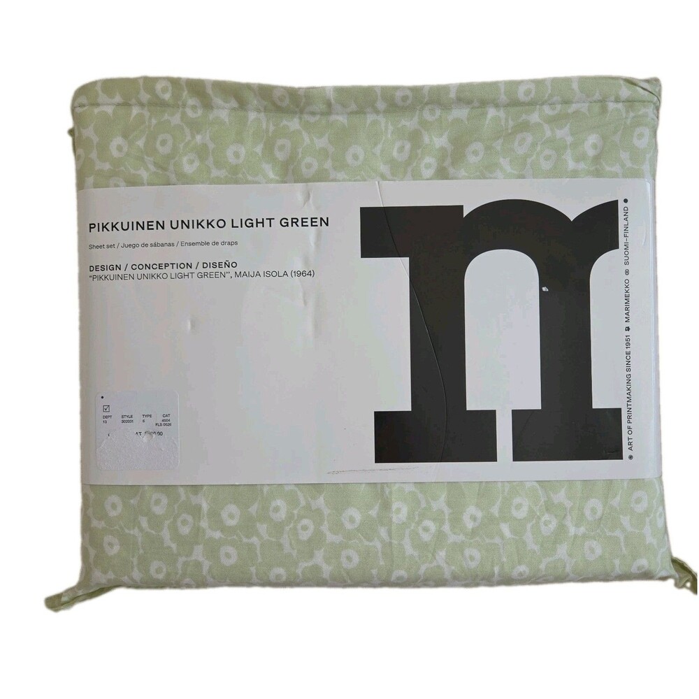 Marimekko PIKKUINEN UNIKKO GREEN 100% Cotton 4 pc Queen Sheet Set New